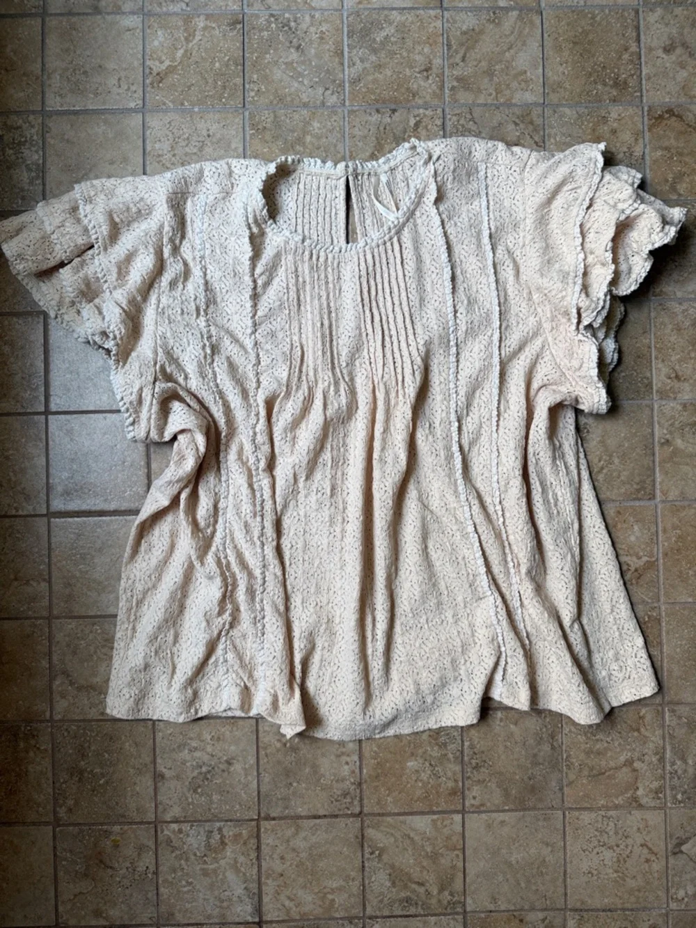 Anthropologie Lace Blouse Cream Pintucked Top Stretch Flutter Ruffle Sleeve XL - Picture 9 of 17